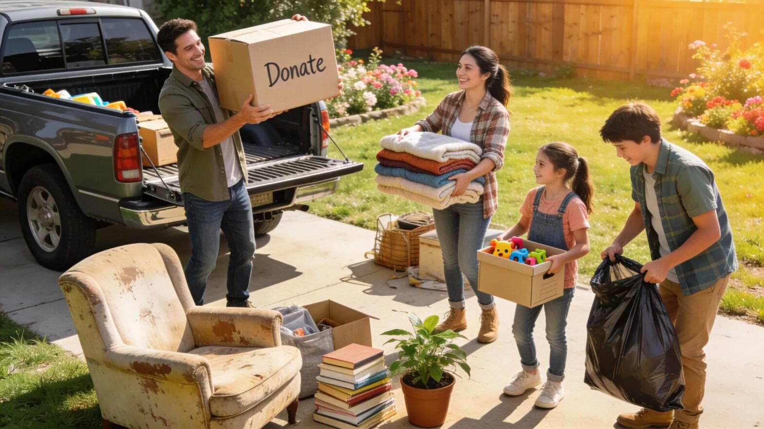 Homeowners involved in junk hauling, emphasizing the DIY approach to removal