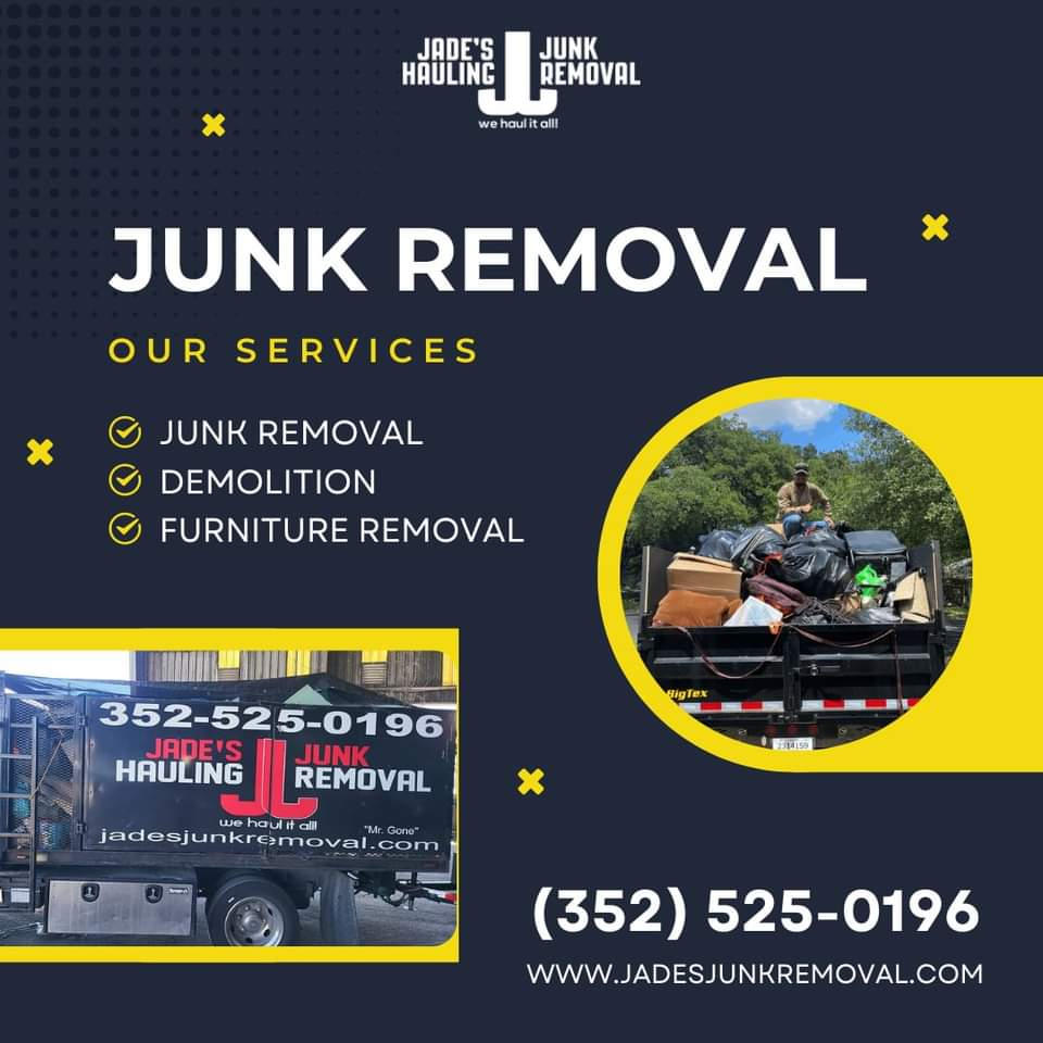 Junk removal service advertisement featuring a truck loaded with debris and greenery.